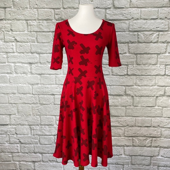 LuLaRoe Nicole Dress in Red with Brush X Print - Picture 1 of 5